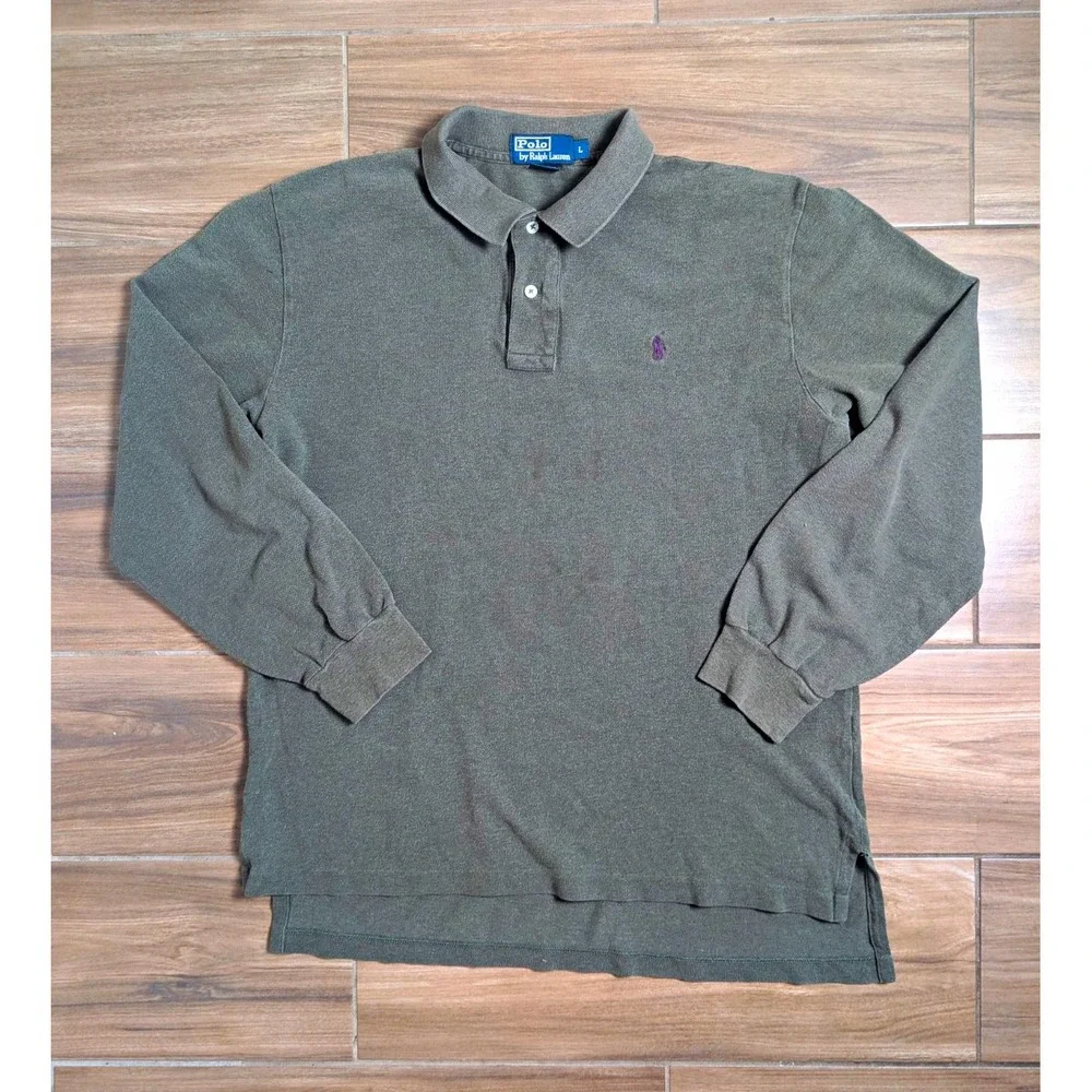 Polo Ralph Lauren Men's Large Olive Green Long Sleeve Polo Shirt Purple Pony